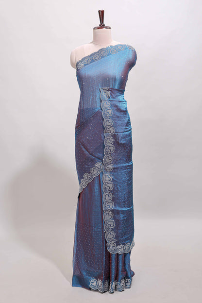Blue stone work designer saree with self heartin design scallop border and matching blouse
