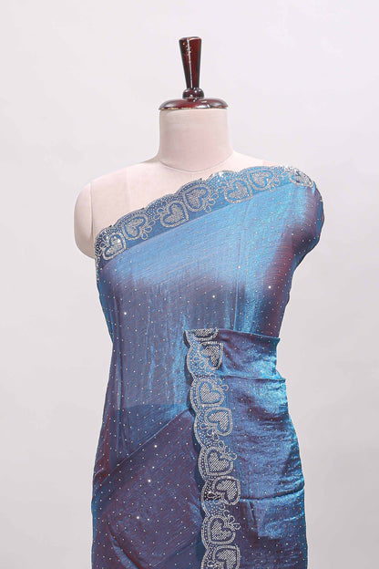 Blue stone work designer saree with self heartin design scallop border and matching blouse