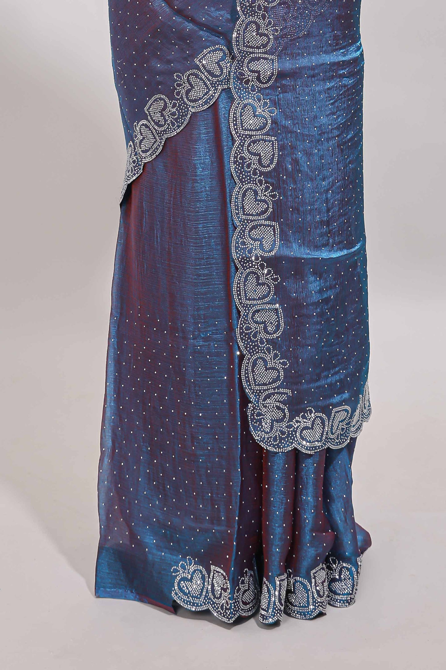 Blue stone work designer saree with self heartin design scallop border and matching blouse