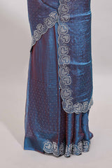 Blue stone work designer saree with self heartin design scallop border and matching blouse