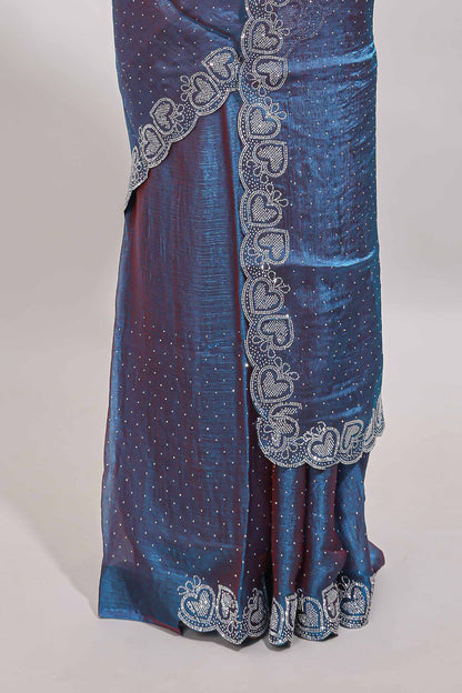 Blue stone work designer saree with self heartin design scallop border and matching blouse
