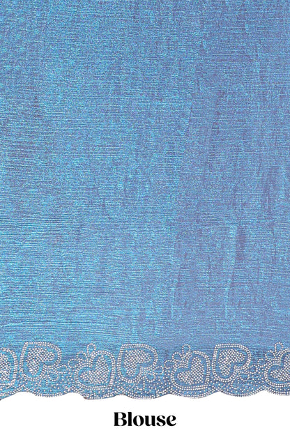 Blue stone work designer saree with self heartin design scallop border and matching blouse