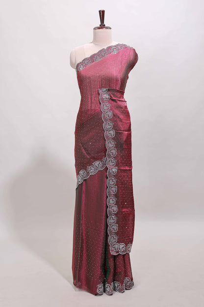 Maroon stone work designer saree with self heartin design scallop border and matching blouse