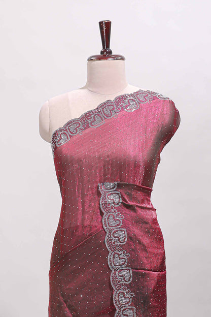 Maroon stone work designer saree with self heartin design scallop border and matching blouse