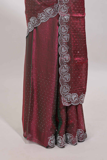 Maroon stone work designer saree with self heartin design scallop border and matching blouse