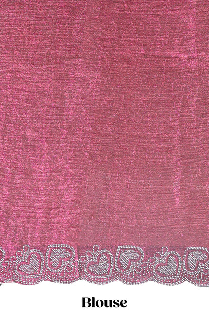 Maroon stone work designer saree with self heartin design scallop border and matching blouse