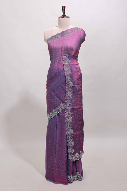 Puple stone work designer saree with self heartin design scallop border and matching blouse