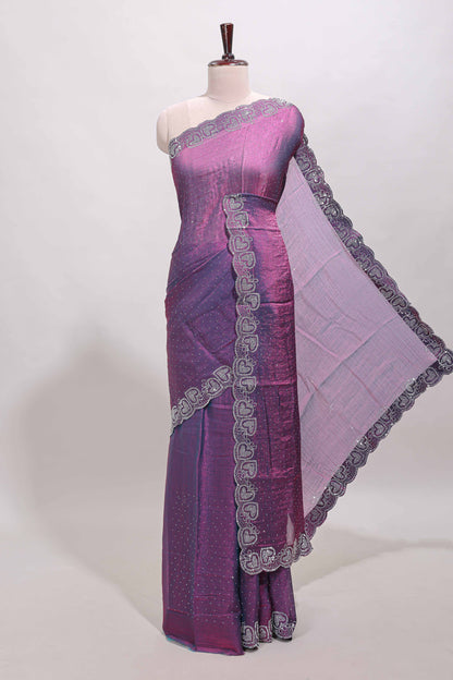 Puple stone work designer saree with self heartin design scallop border and matching blouse
