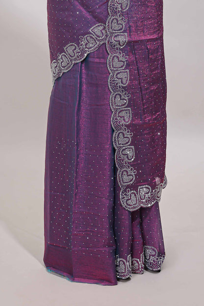 Puple stone work designer saree with self heartin design scallop border and matching blouse