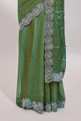 Green stone work designer saree with self heartin design scallop border and matching blouse