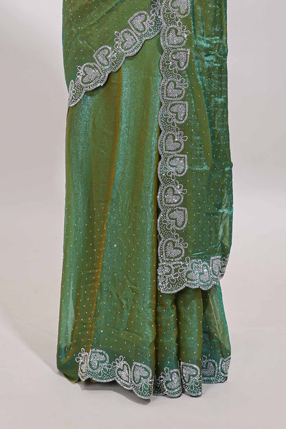 Green stone work designer saree with self heartin design scallop border and matching blouse