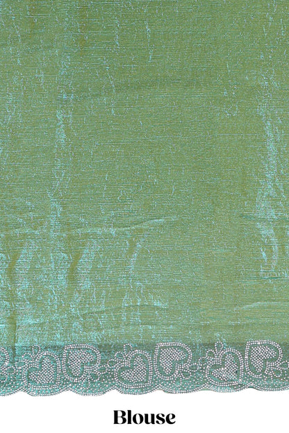 Green stone work designer saree with self heartin design scallop border and matching blouse