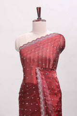 Maroon stone work floral motifs designer saree with self design scallop border and matching blouse