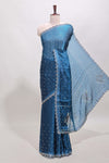 Midnight blue stone work floral motifs designer saree with self design scallop border and matching blouse