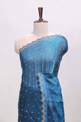 Midnight blue stone work floral motifs designer saree with self design scallop border and matching blouse