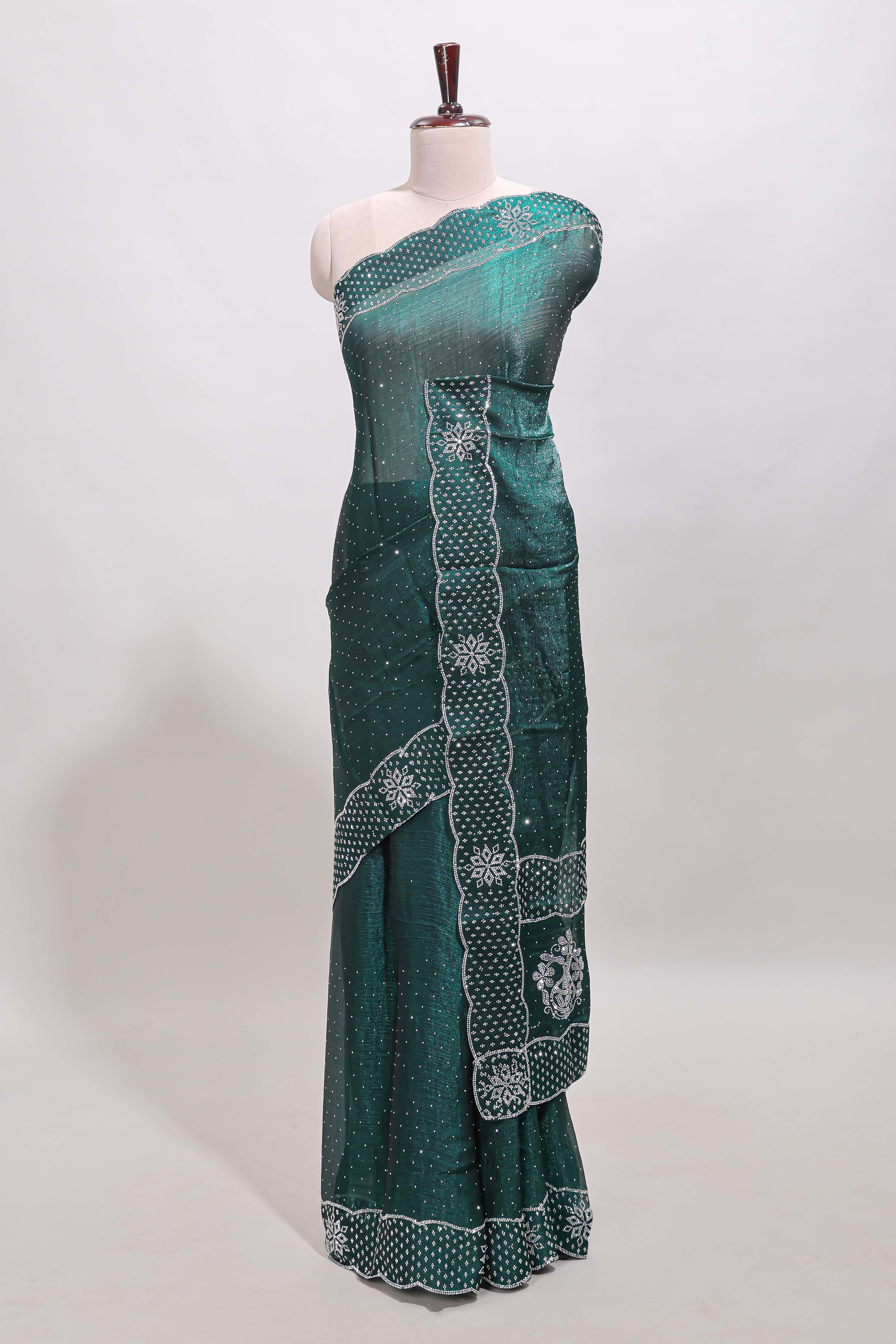 Green dotted stone work designer saree with self floral design scallop border and matching blouse