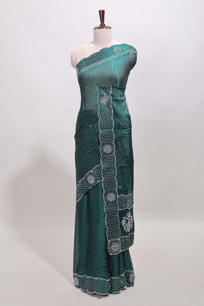 Green dotted stone work designer saree with self floral design scallop border and matching blouse