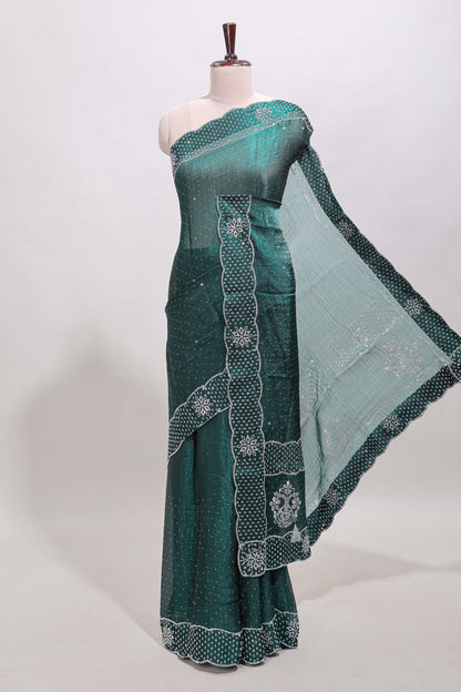 Green dotted stone work designer saree with self floral design scallop border and matching blouse