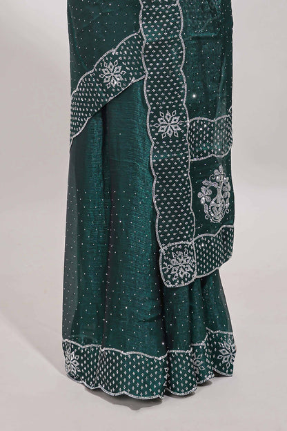 Green dotted stone work designer saree with self floral design scallop border and matching blouse