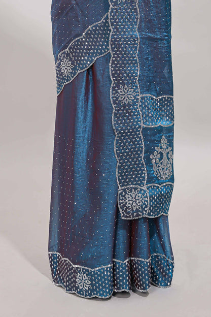 Blue dotted stone work designer saree with self floral design scallop border and matching blouse