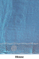 Blue dotted stone work designer saree with self floral design scallop border and matching blouse