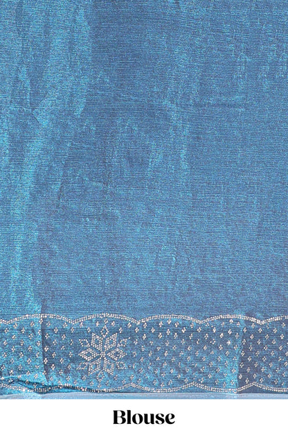 Blue dotted stone work designer saree with self floral design scallop border and matching blouse