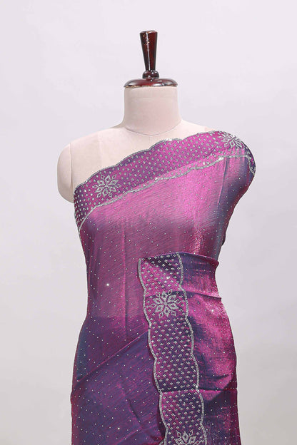 Purple dotted stone work designer saree with self floral design scallop border and matching blouse
