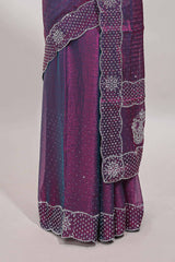 Purple dotted stone work designer saree with self floral design scallop border and matching blouse