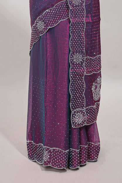 Purple dotted stone work designer saree with self floral design scallop border and matching blouse