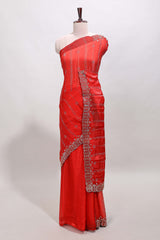 Pink striped floral design stone work designer saree with self scallop design border and matching blouse