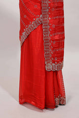 Pink striped floral design stone work designer saree with self scallop design border and matching blouse
