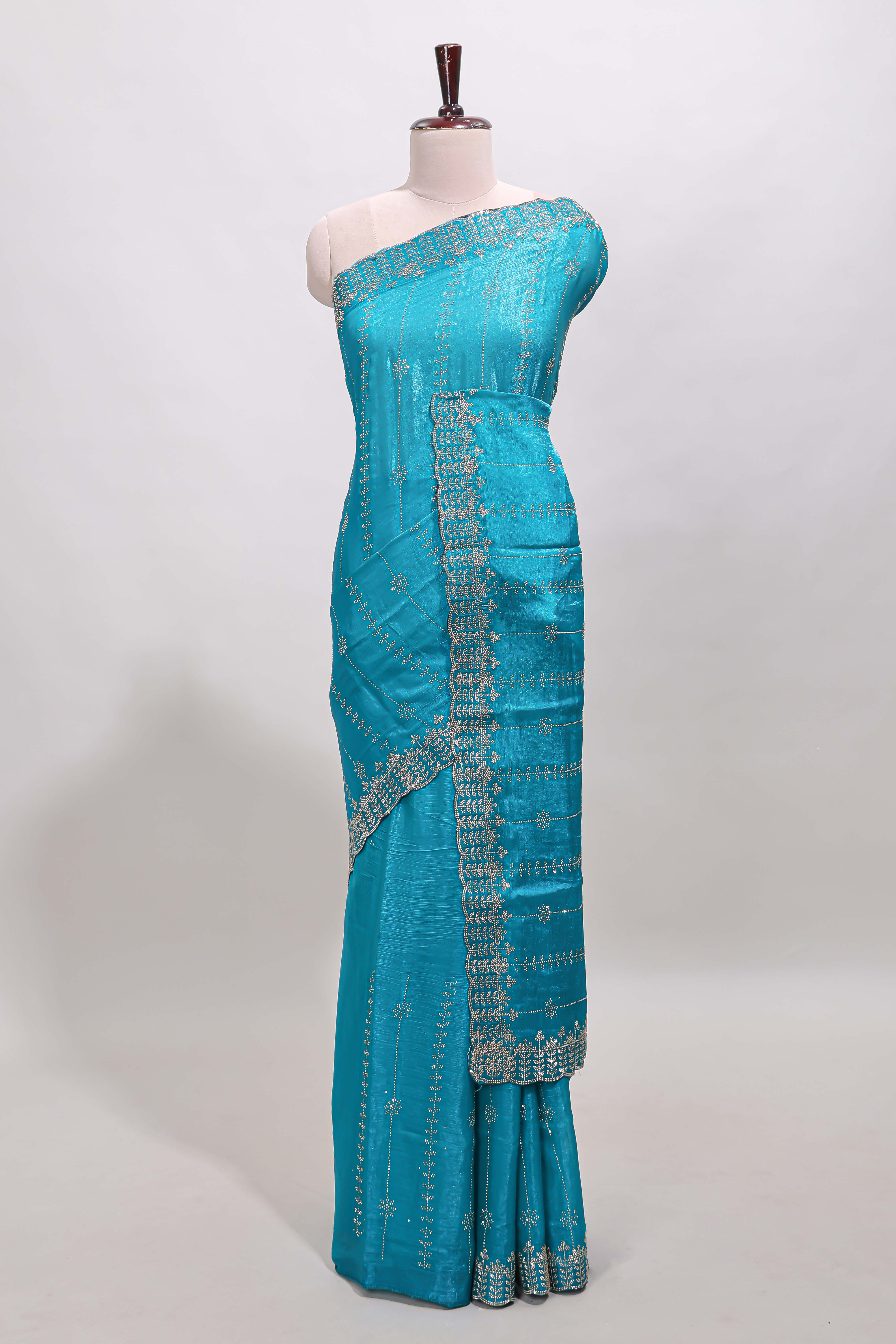 Blue striped floral design stone work designer saree with self scallop design border and matching blouse