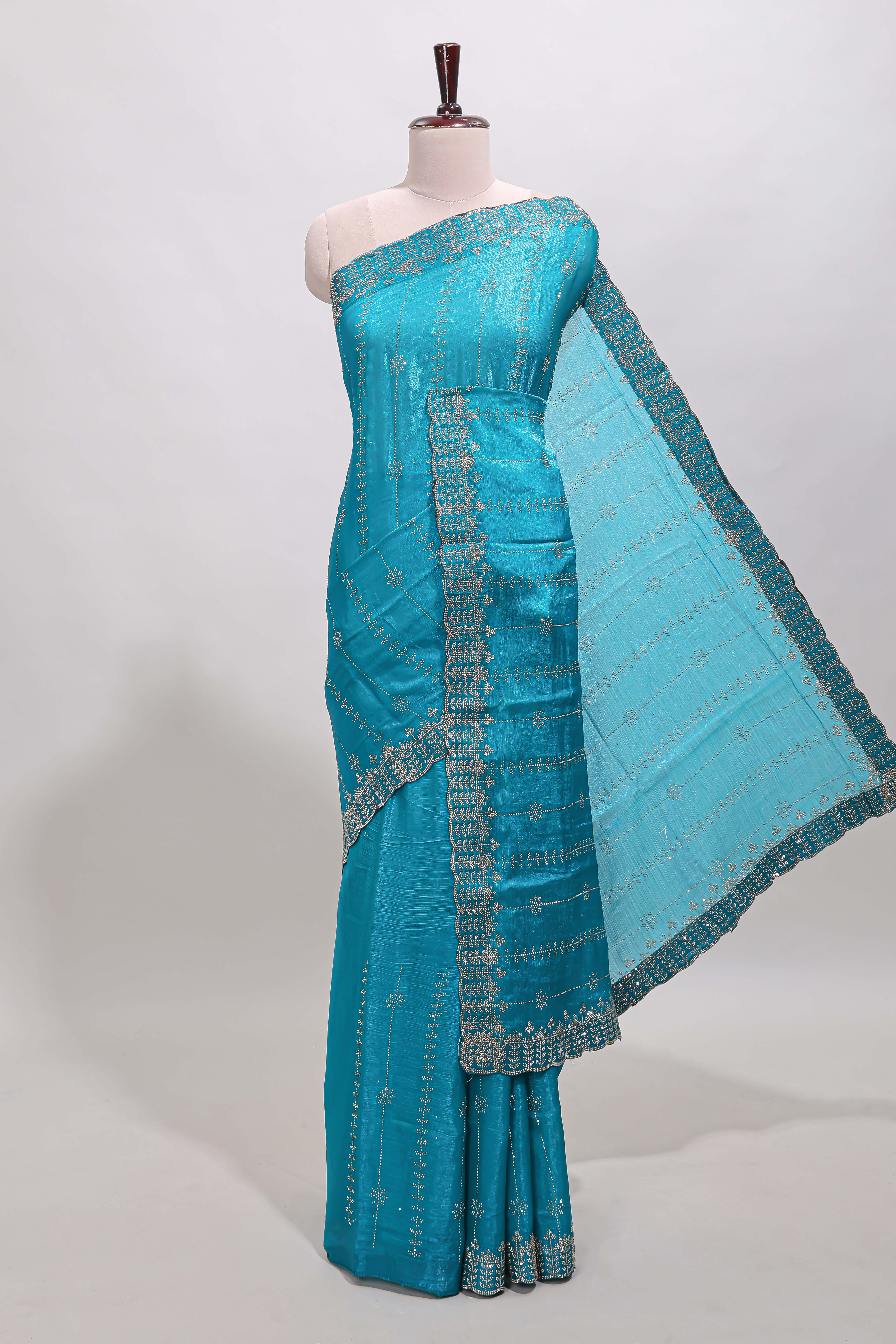 Blue striped floral design stone work designer saree with self scallop design border and matching blouse