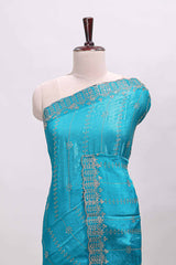 Blue striped floral design stone work designer saree with self scallop design border and matching blouse