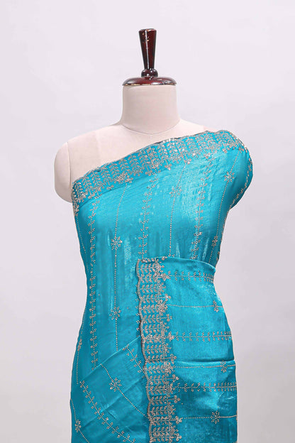 Blue striped floral design stone work designer saree with self scallop design border and matching blouse