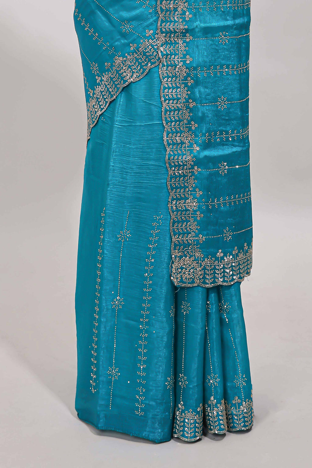 Blue striped floral design stone work designer saree with self scallop design border and matching blouse