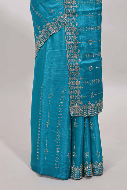 Blue striped floral design stone work designer saree with self scallop design border and matching blouse