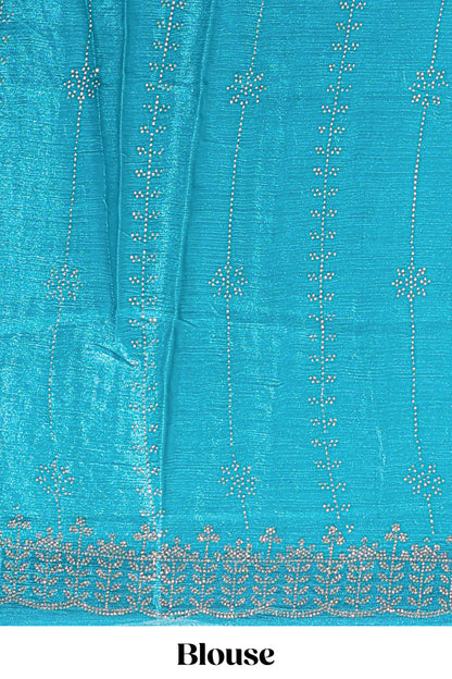 Blue striped floral design stone work designer saree with self scallop design border and matching blouse