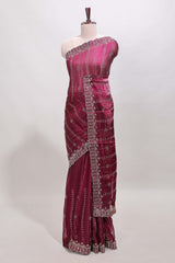 Purple striped floral design stone work designer saree with self scallop design border and matching blouse
