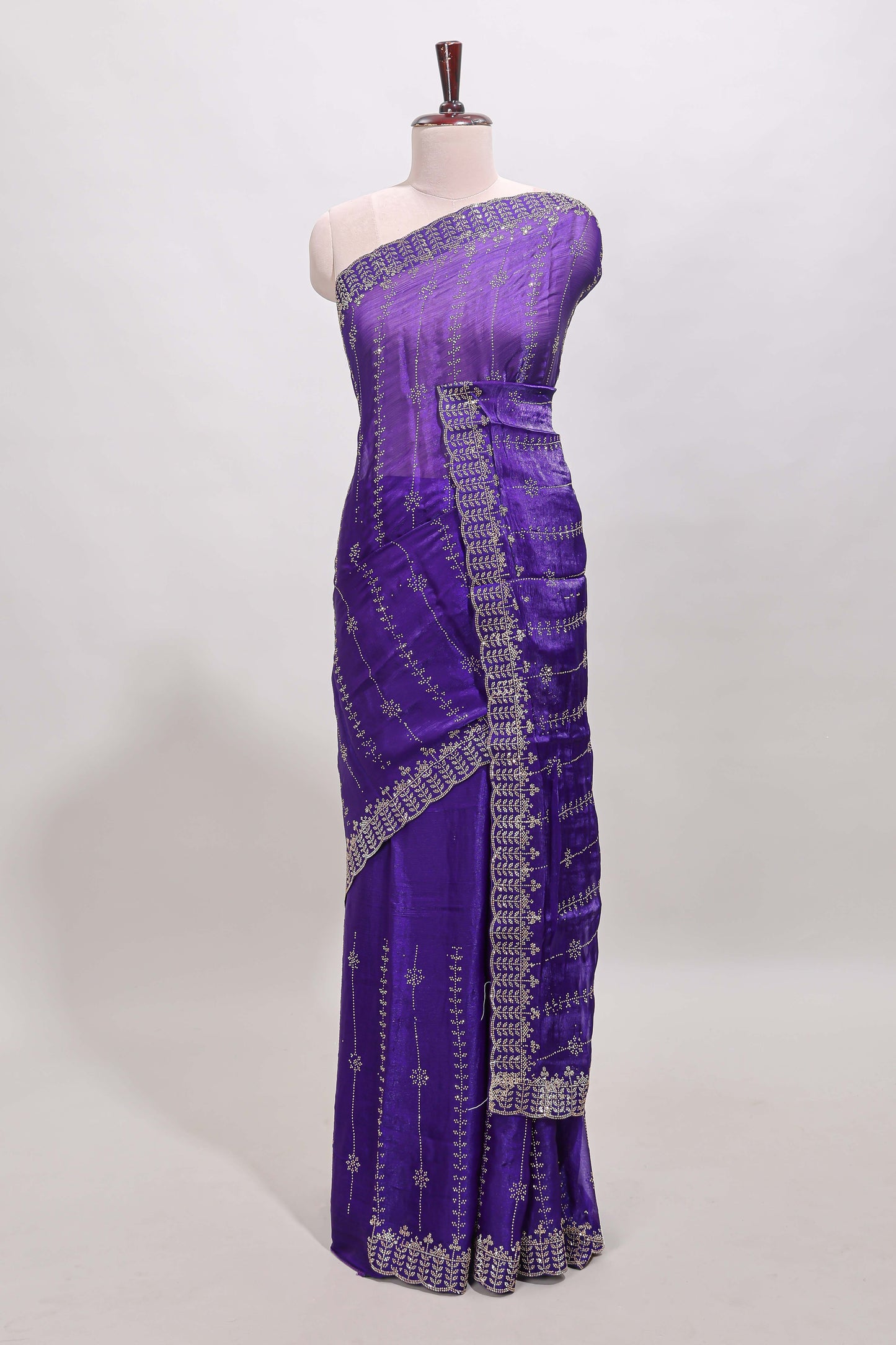 Violet striped floral design stone work designer saree with self scallop design border and matching blouse