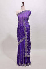 Violet striped floral design stone work designer saree with self scallop design border and matching blouse