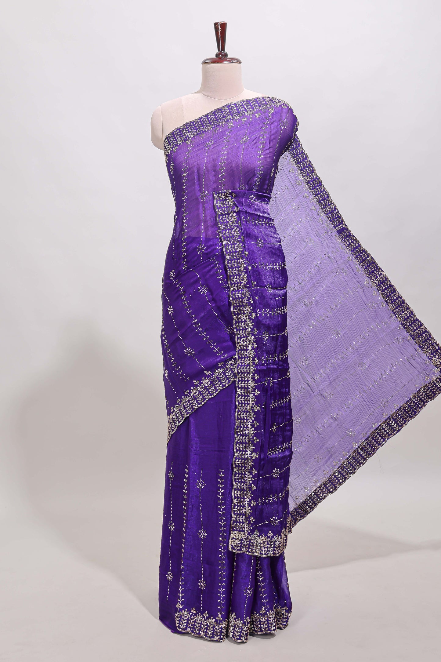 Violet striped floral design stone work designer saree with self scallop design border and matching blouse