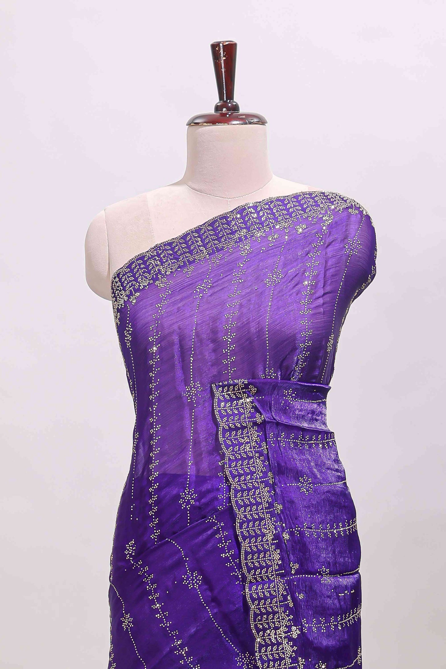 Violet striped floral design stone work designer saree with self scallop design border and matching blouse