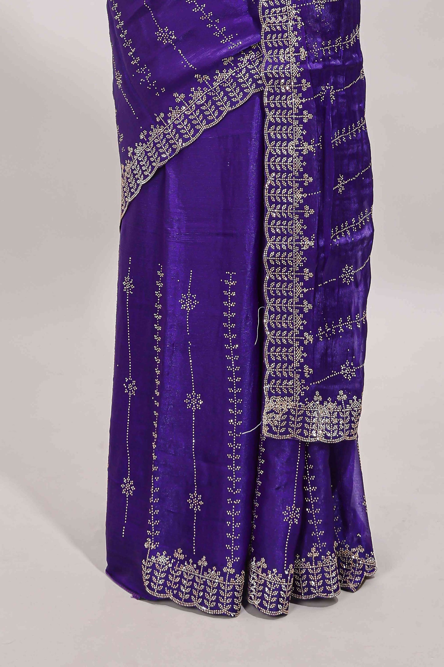 Violet striped floral design stone work designer saree with self scallop design border and matching blouse