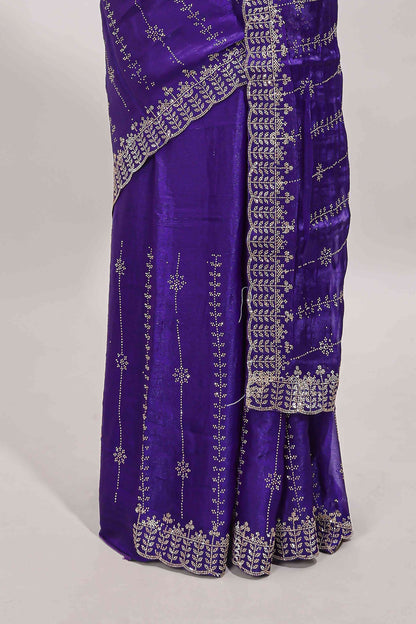 Violet striped floral design stone work designer saree with self scallop design border and matching blouse