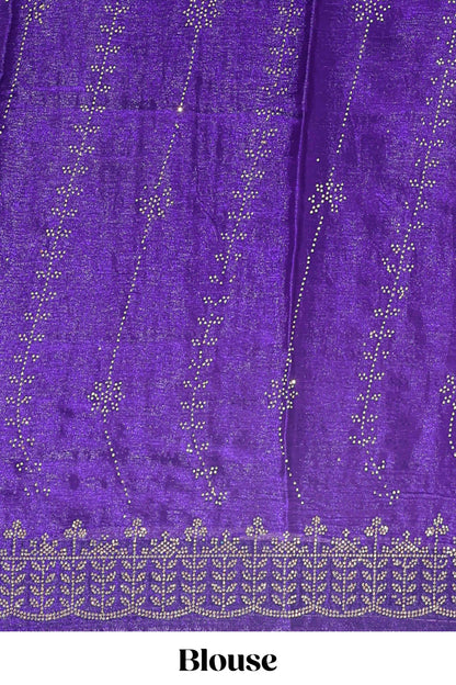 Violet striped floral design stone work designer saree with self scallop design border and matching blouse