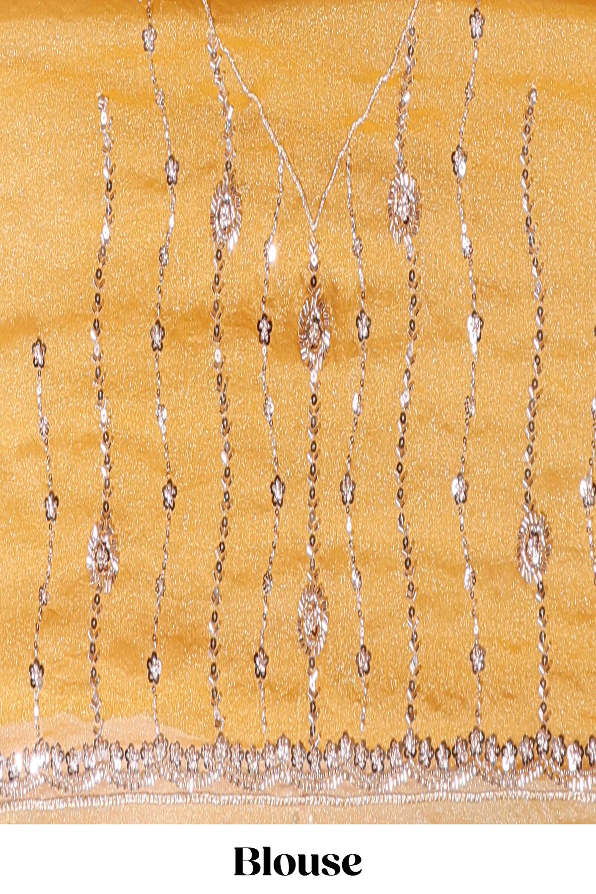 Mustard yellow saree with elegant sequin embellishments and a shimmering border along with matching blouse
