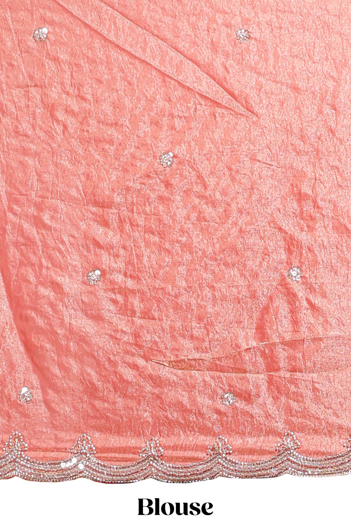 Coral pink saree with elegant silver sequin diamond embroidery featuring a shimmering border and pallu along with blouse