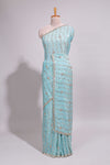 Pastel blue saree with silver sequin wavy line embroidery floral motifs and a sparkling embellished border along with matching blouse