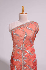 Dusty orange saree with sequin abstract wave embroidery and a detailed embellished border along with matching blouse